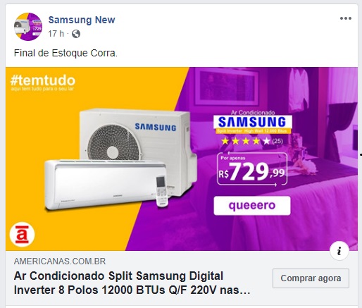 Imagem: Golpe no Facebook com Lojas Americanas e Ar Condicionado Split Samsung Digital Inverter 8 Polos 12000 BTU's.
