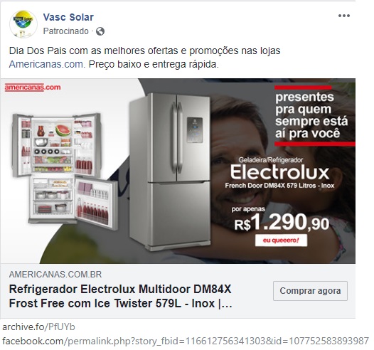 Imagem: Golpe no Facebook com Lojas Americanas e geladeira/refrigerador Electrolux French Door DM84X 579 Litros - Inox.